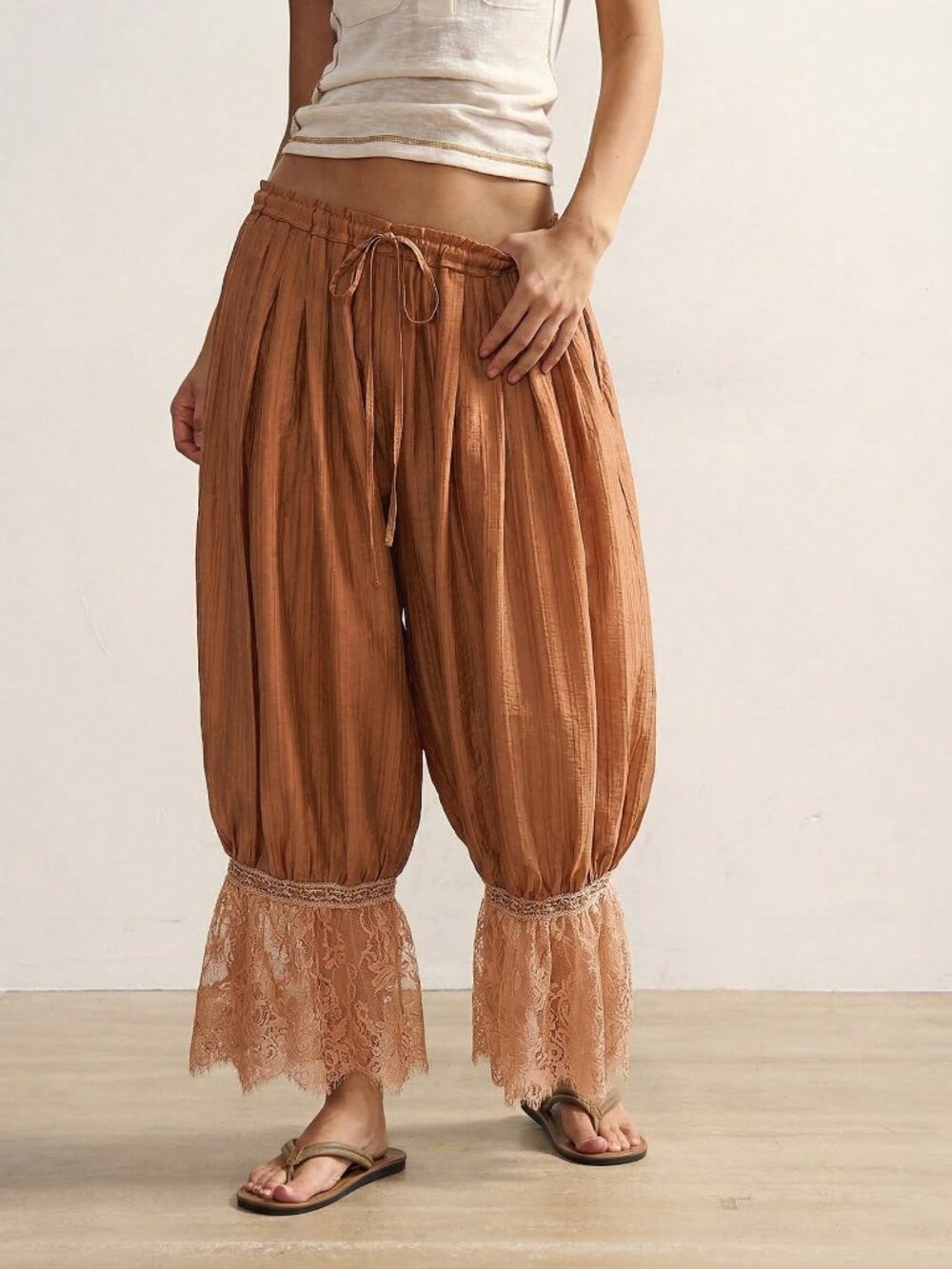 Brown Casual womens  Stretchy Waist Lace hem Bloomers Pants - Picture 3 of 7